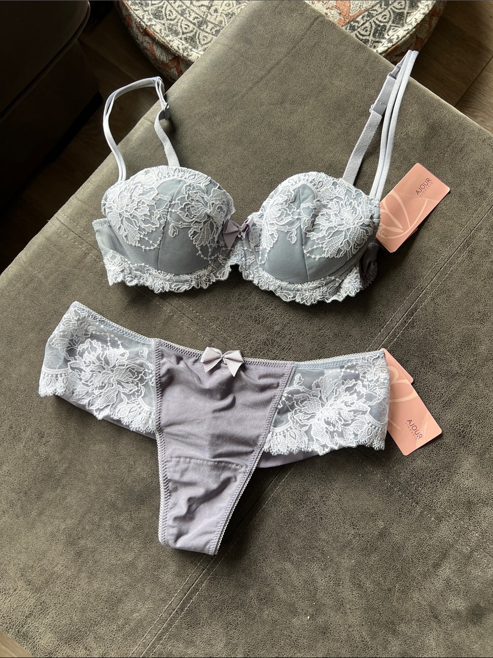 NEW! W/ Tags designer AJOUR lace bra. 32A. & matching panty. Sexy!! Small.